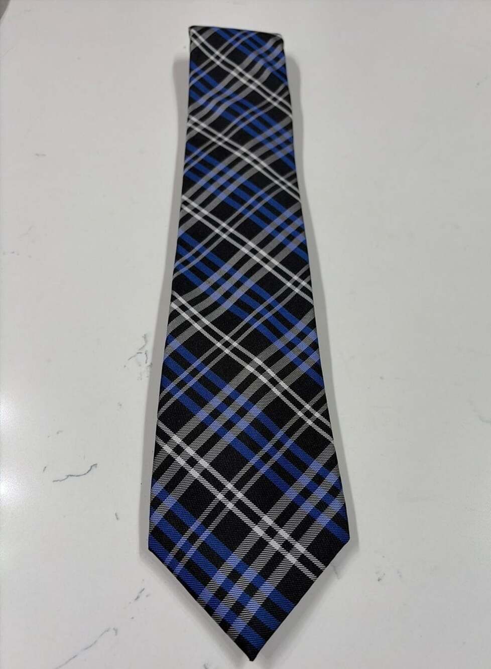 Chaps 100% Silk Plaid Necktie Black Blue White 3.25" Width